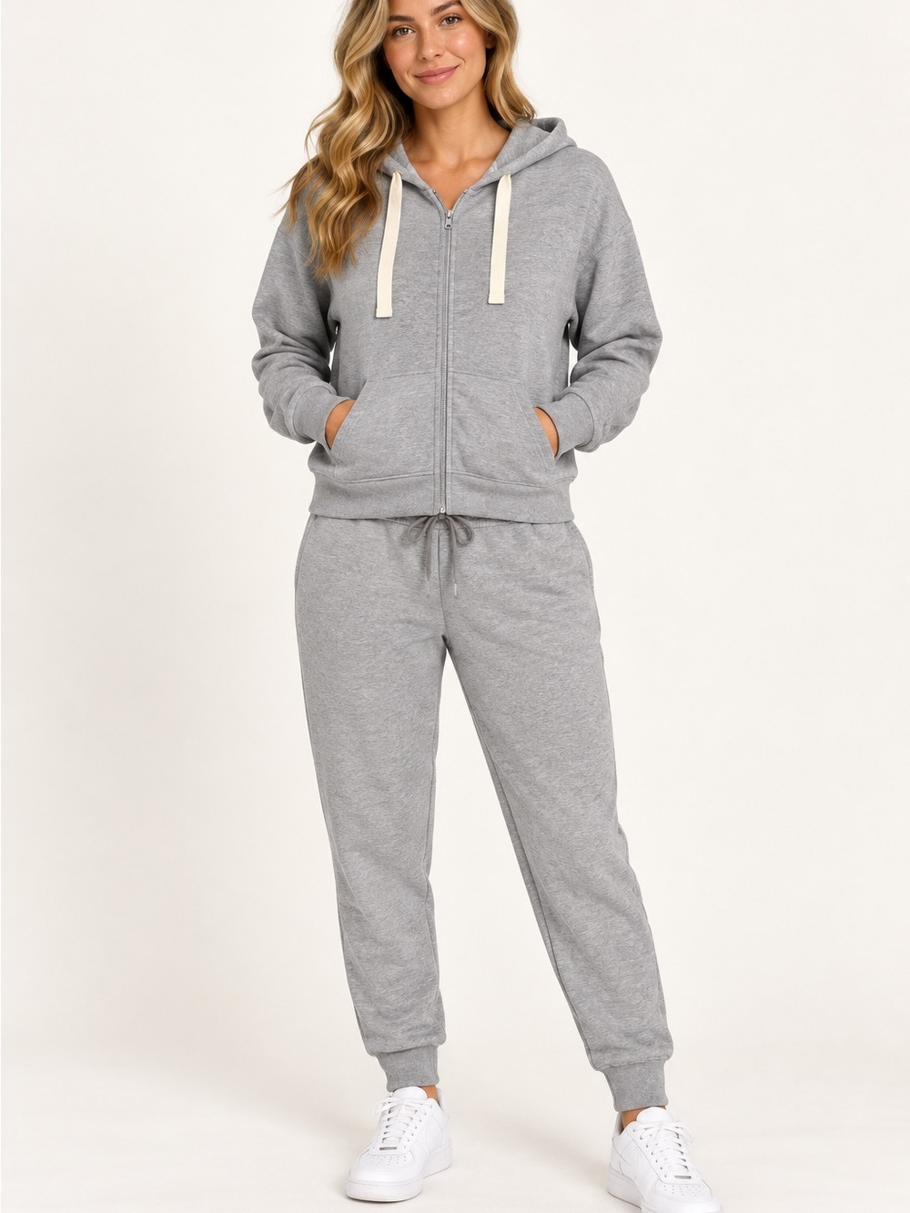 Zenana Gray French Terry Zip-Up Hoodie & Jogger Pants Matching Set. Size small